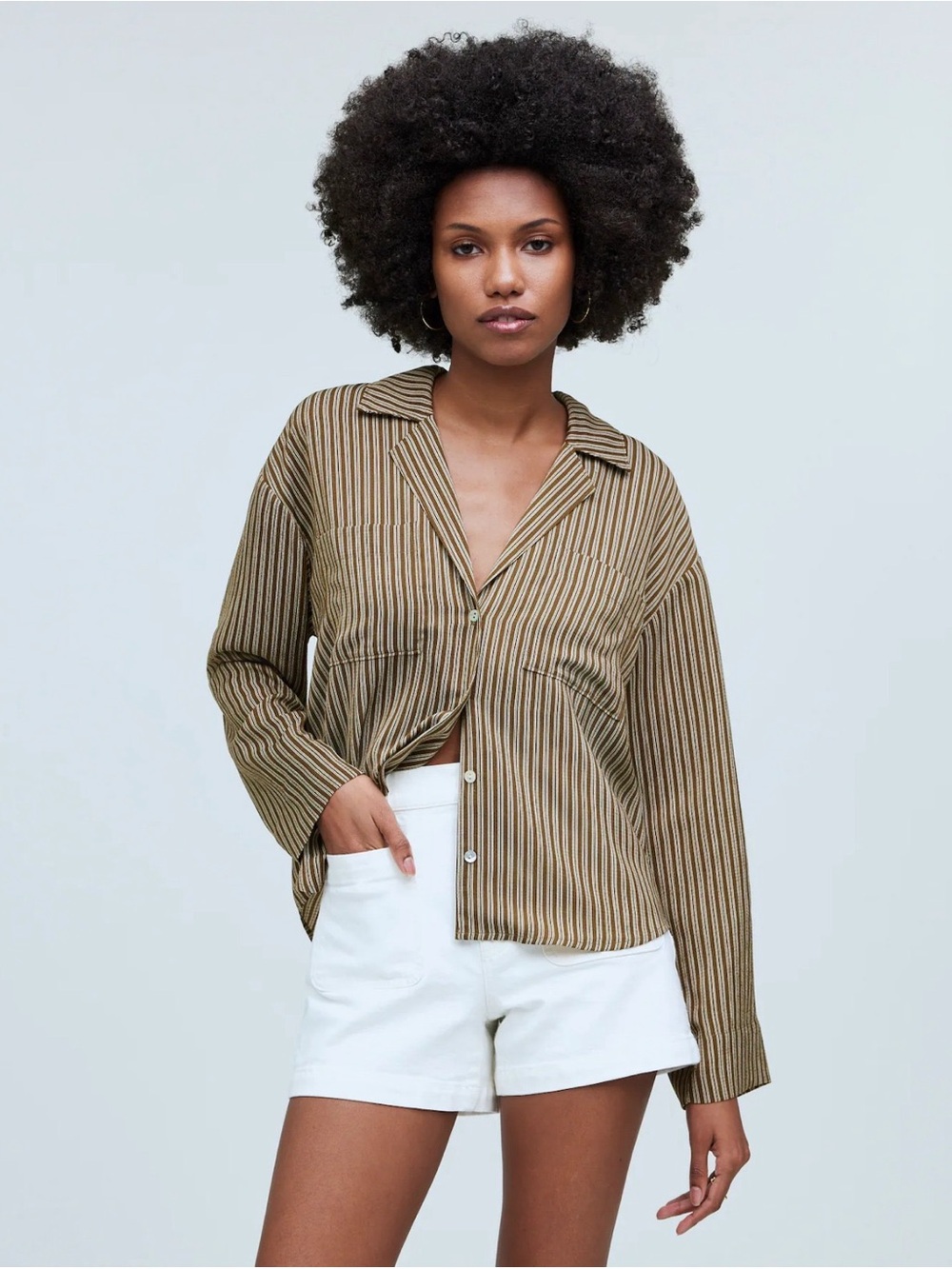 Madewell Resort Long Sleeve Shirt in Striped Sucker Dark Olive XL NWOT